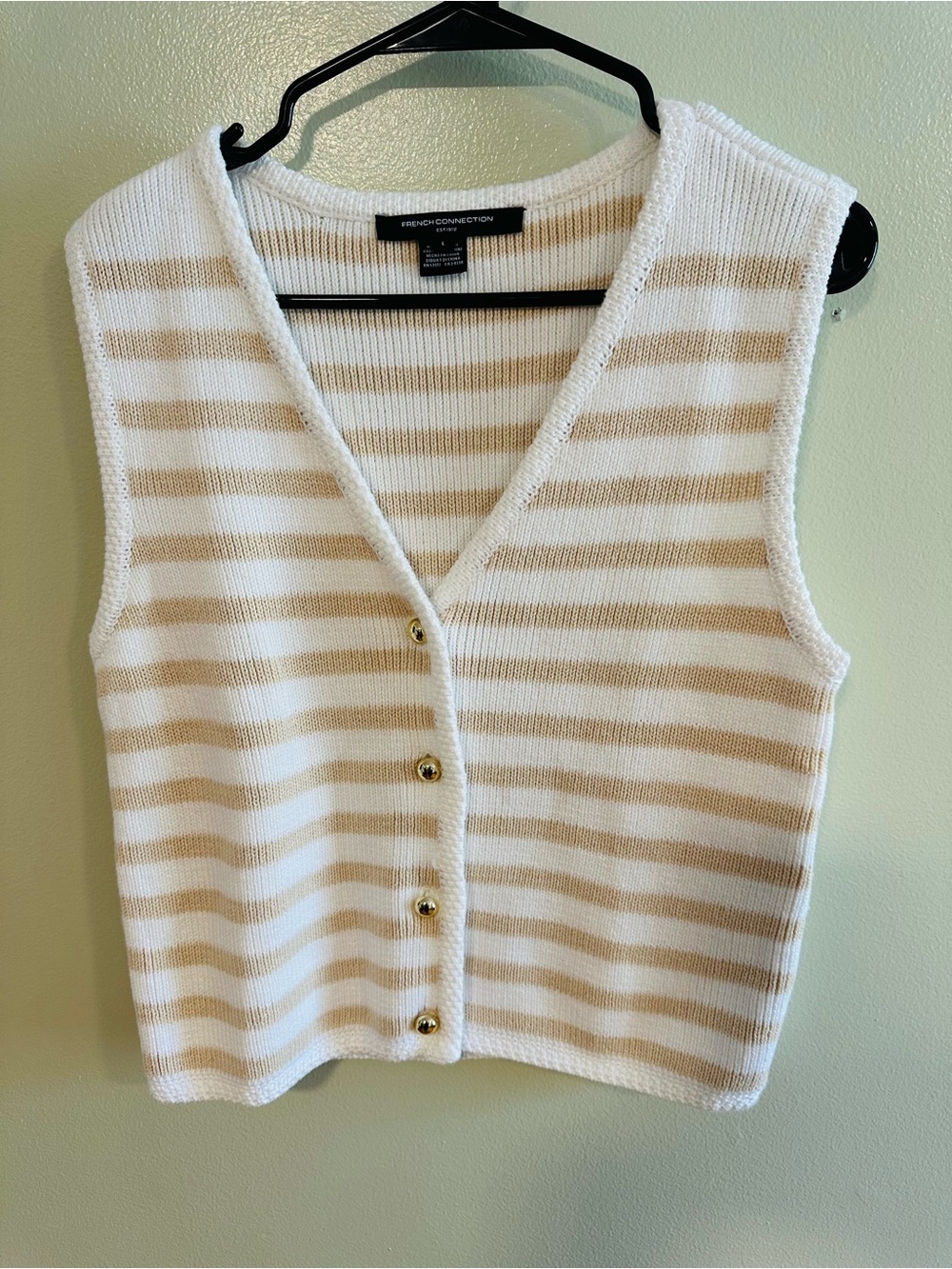 French Connection White & Beige Striped Knit Gold Button Vest